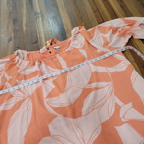 A New Day Orange Floral Print Chiffon Muse Blouse Tie Neckline - Picture 8 of 9